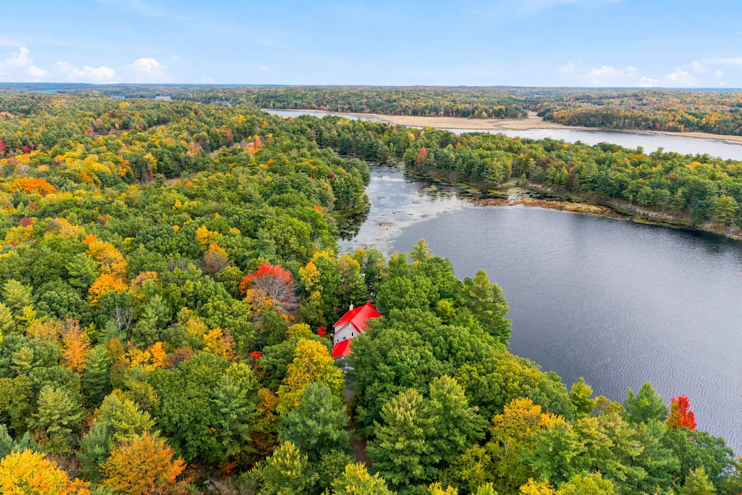 Aerial view of 2862 Holleford Road and the lake in autumn